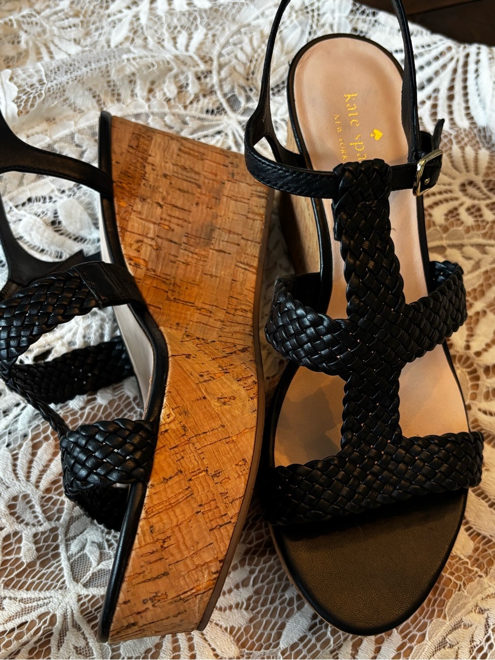 Kate Spade Tianna Wedge Sandals NWOT Black Woven Leather Cork Platform Size 10M